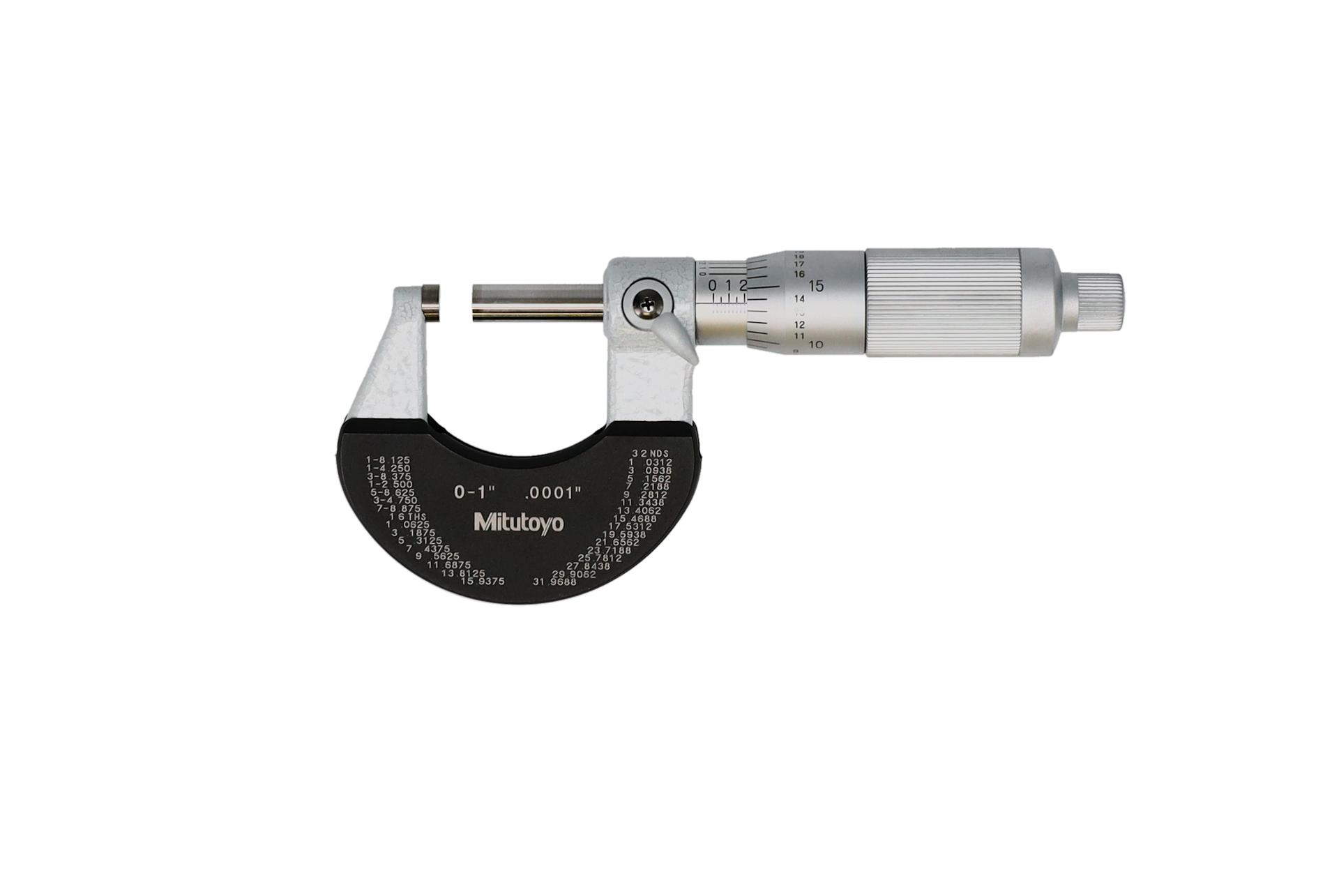 Mitutoyo, 102-329-10, Outside micrometer, 0-1 In,  .0001 In Mechanical Outside Micrometer, Satin Chrome, Friction Thimble
