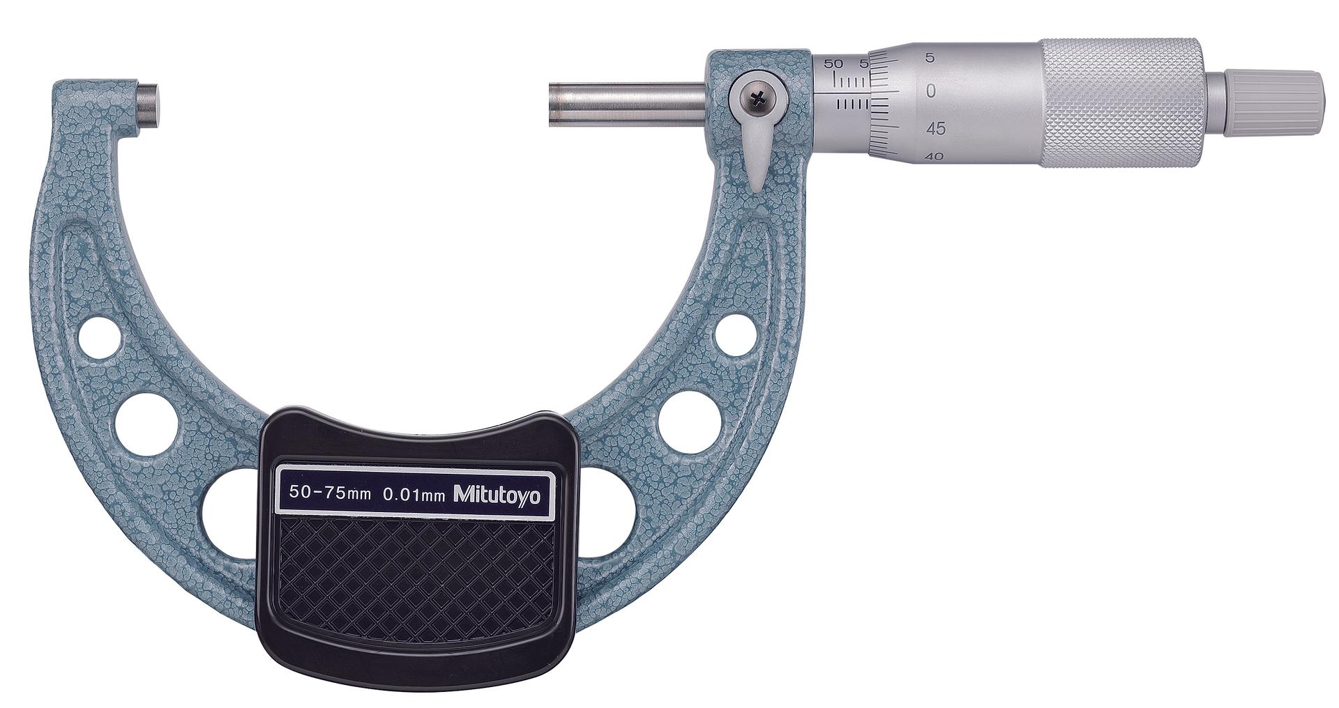 Mitutoyo, 103-139-10, 50-75mm, 0.01mm Mechanical Outside Micrometer, Hammertone Baked Enamel, Ratchet Stop, With Standard