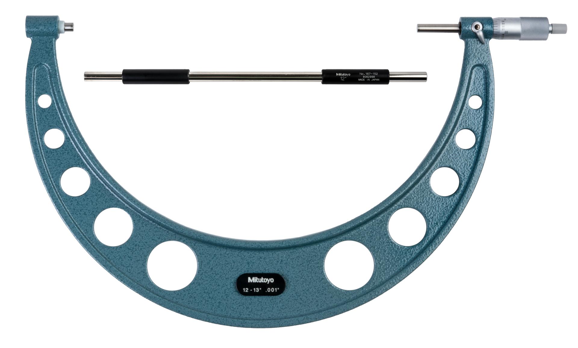 Mitutoyo, 103-189, 12-13 In,  .001 In Mechanical Outside Micrometer, Hammertone Baked Enamel, Ratchet Stop, With Standard