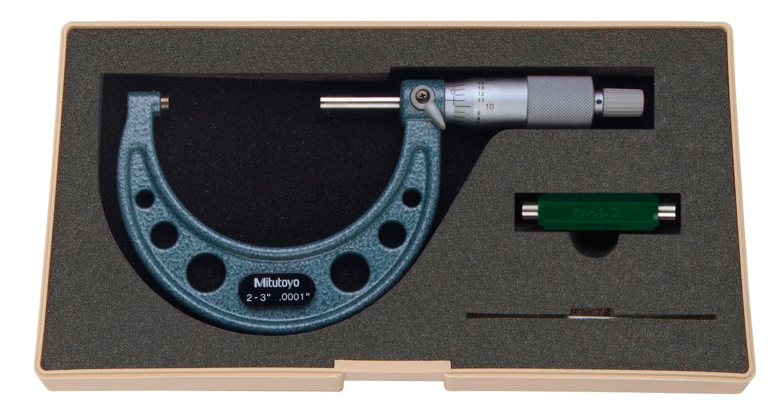 Mitutoyo, 103-217, 2-3 In,  .0001 In Mechanical Outside Micrometer, Hammertone Baked Enamel, Ratchet Stop, With Standard
