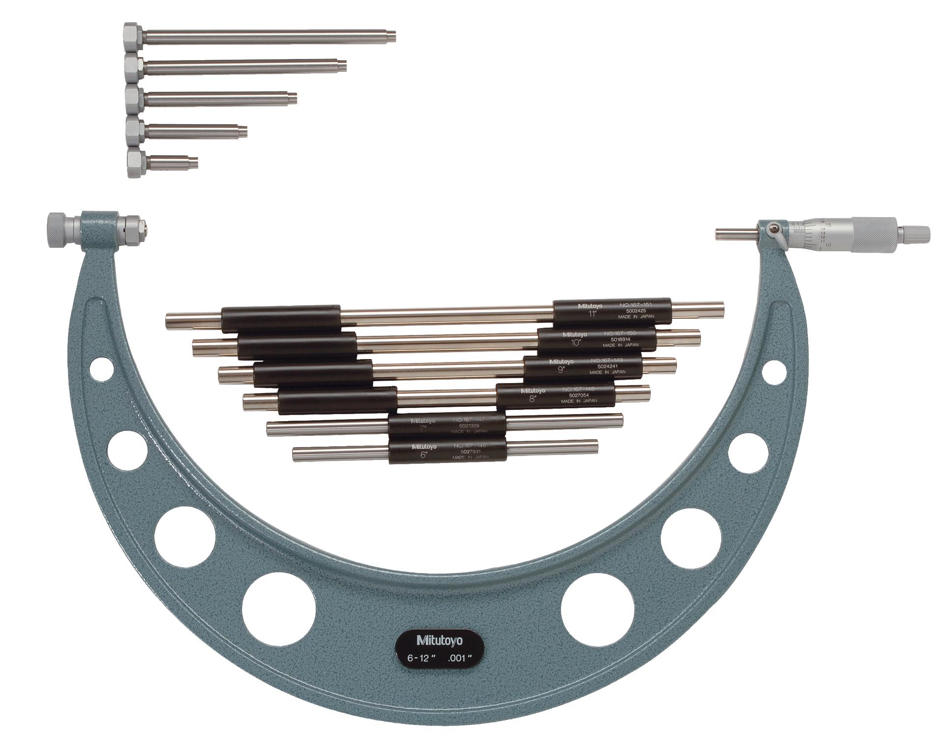 Mitutoyo, 104-138, 6-12 In, .001 In Interchangeable Anvil Mechanical Outside Micrometer, Ratchet Stop, 6 anvils, with 6 Standards