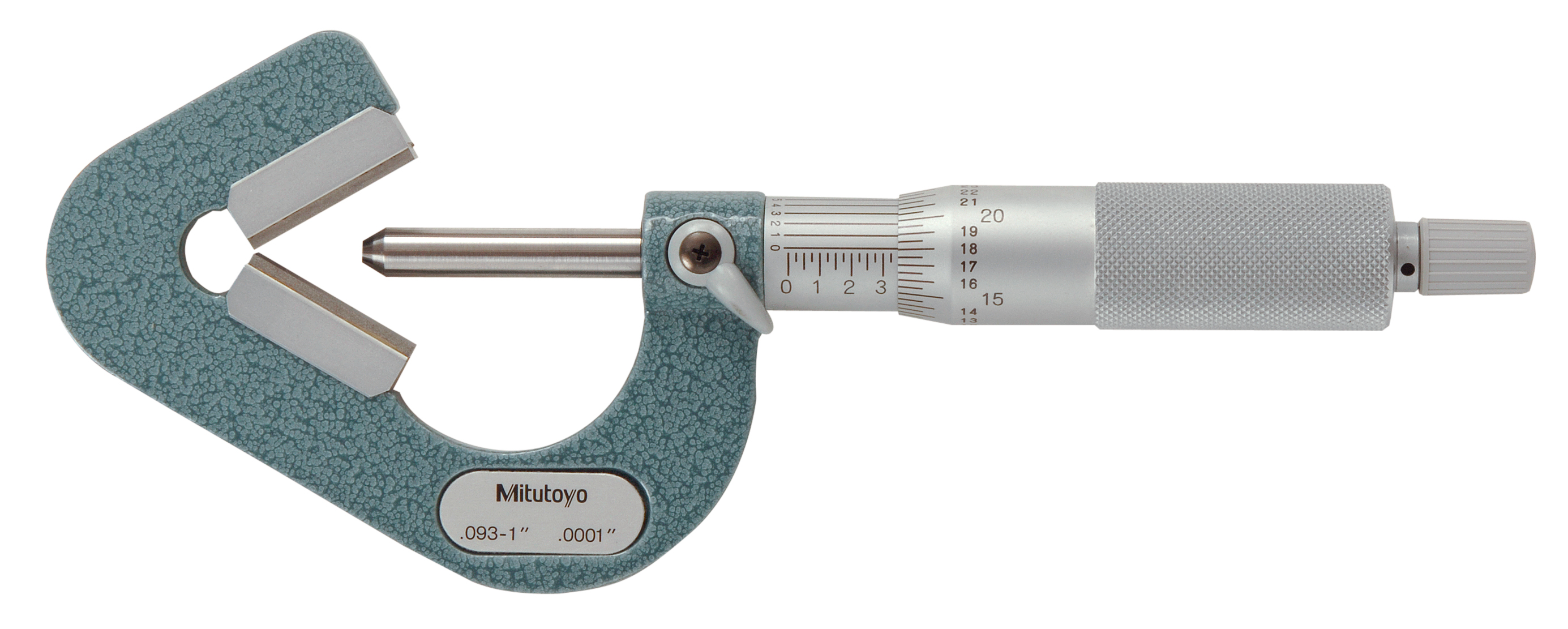 Mitutoyo, 114-202, .09-1 In, .0001 In Mechanical V-Anvil Micrometer, for 3 Flutes cutting head, Ratchet Stop