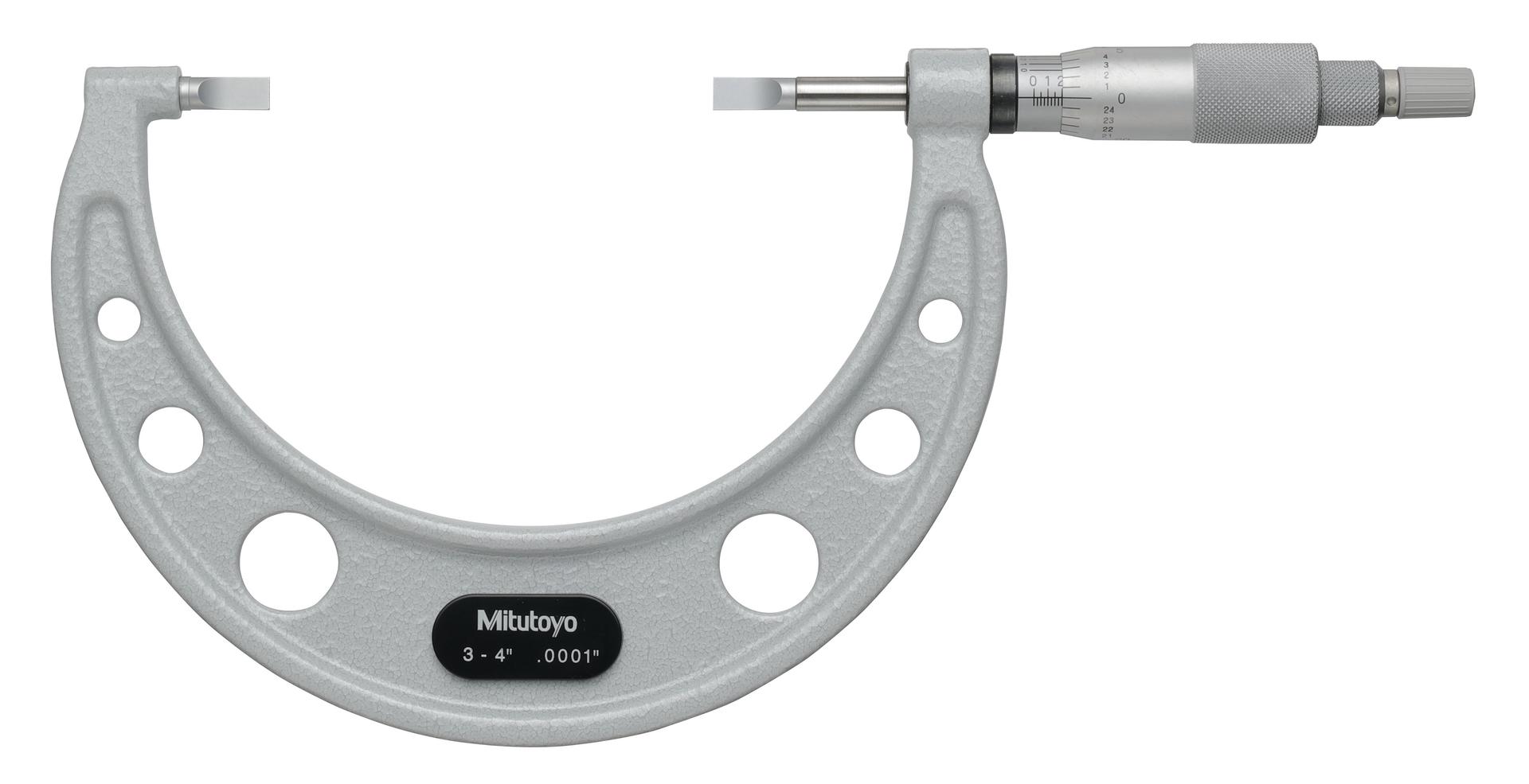 Mitutoyo, 122-128-10, 3-4 In, .0001 In Mechanical Blade Micrometer, .030 In Steel Blades, Ratchet Stop, With Standard