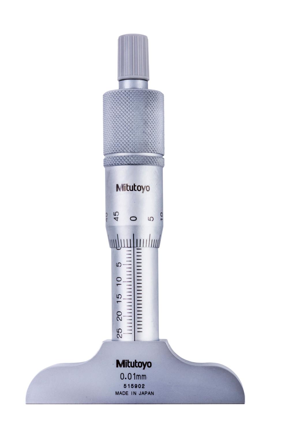 Mitutoyo, 128-101, 0-25mm, 0.01mm, Mechanical Depth Micrometer, Rod Clamp, 63.5mm Base, Ratchet Stop