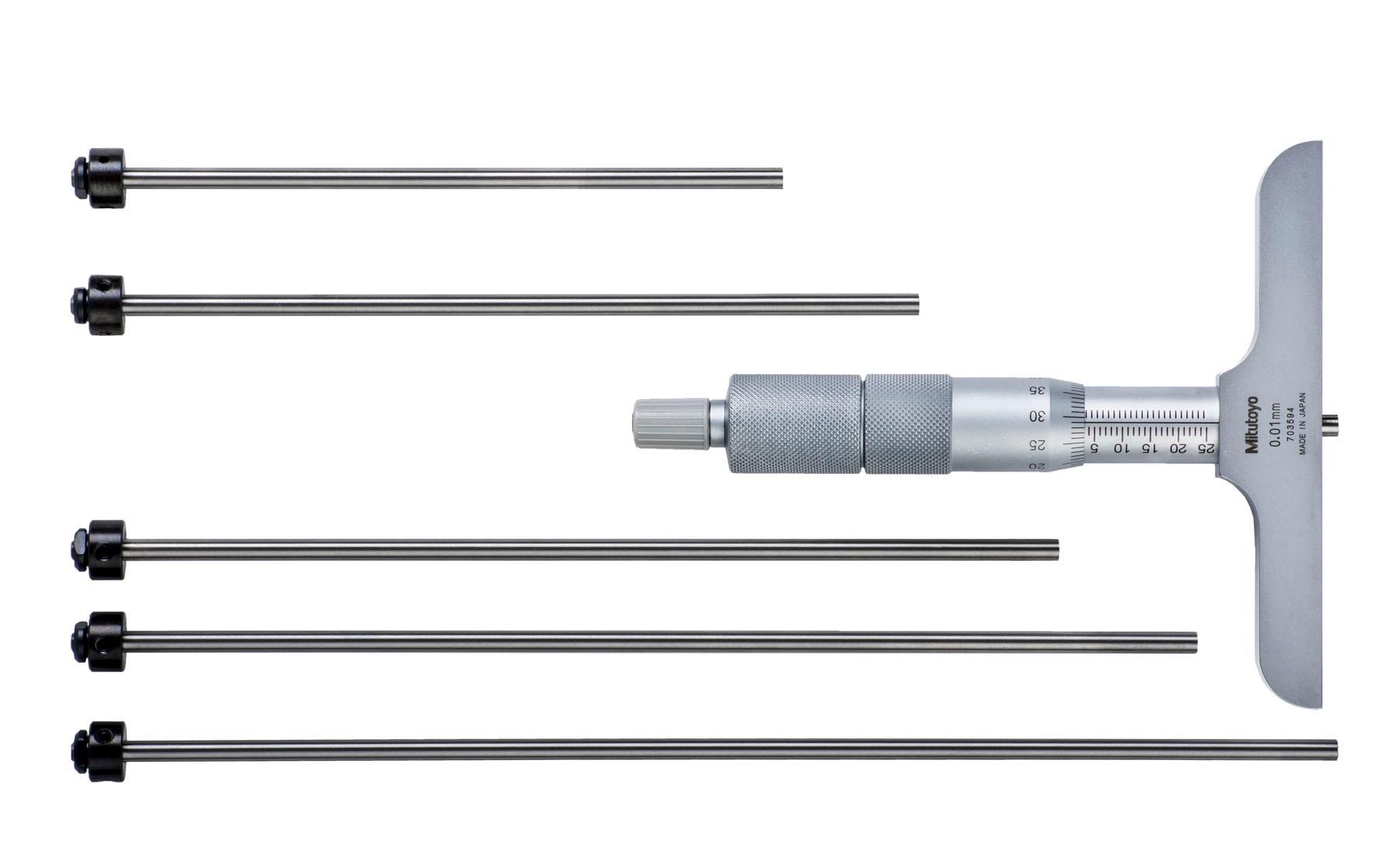 Mitutoyo, 129-116, 0-150mm, 0.01mm Mechanical Depth Micrometer, interchangeable rods, Rod Clamp, 63.5mm Base, Ratchet Stop