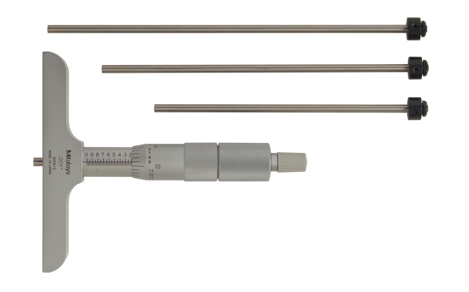 Mitutoyo, 129-131, 0-4 In, .001 In Mechanical Depth Micrometer, 4 interchangeable rods (1 In/25.4mm increments), Rod Clamp, 4 In Base, Ratchet Stop