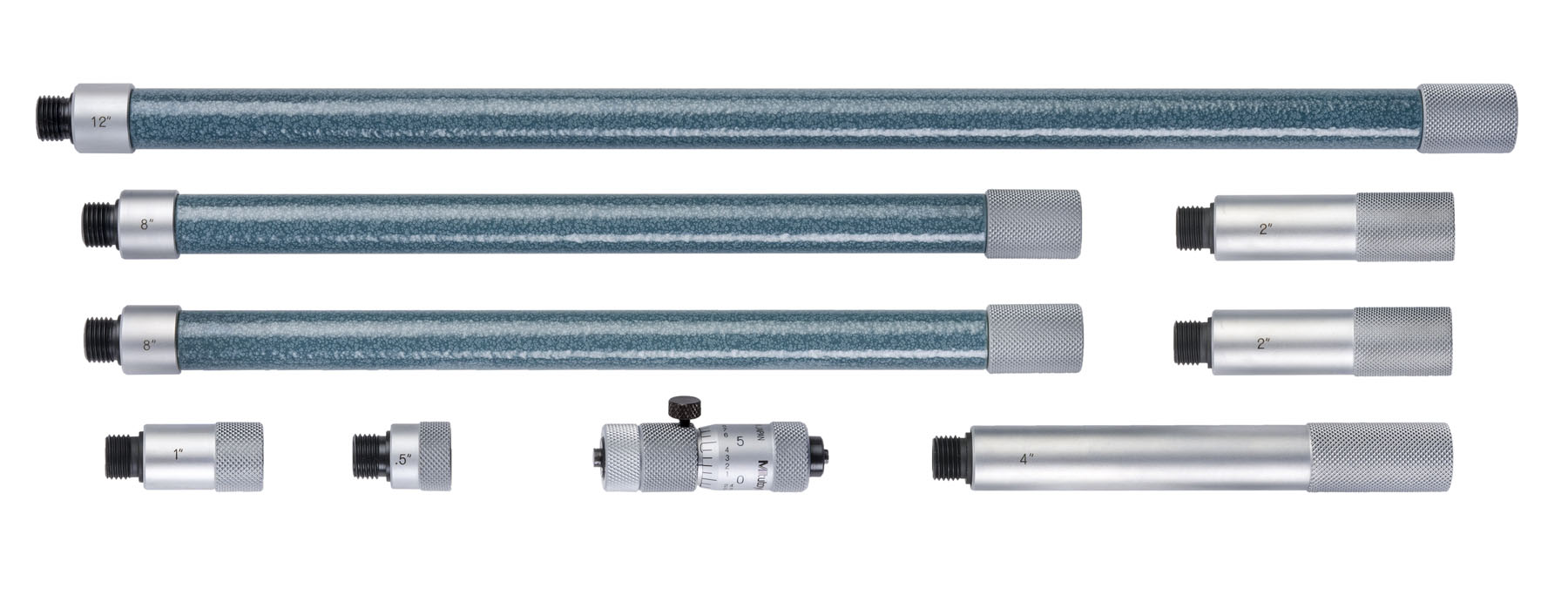 Mitutoyo, 137-219, Extension rods .5in, 1in, 2in (2pcs), 4in, 8in (2pcs.), 12 inches for Tubular inside micrometer, 2-40 inches Range, .5 inches travel of micrometer head. Carbide-tipped face