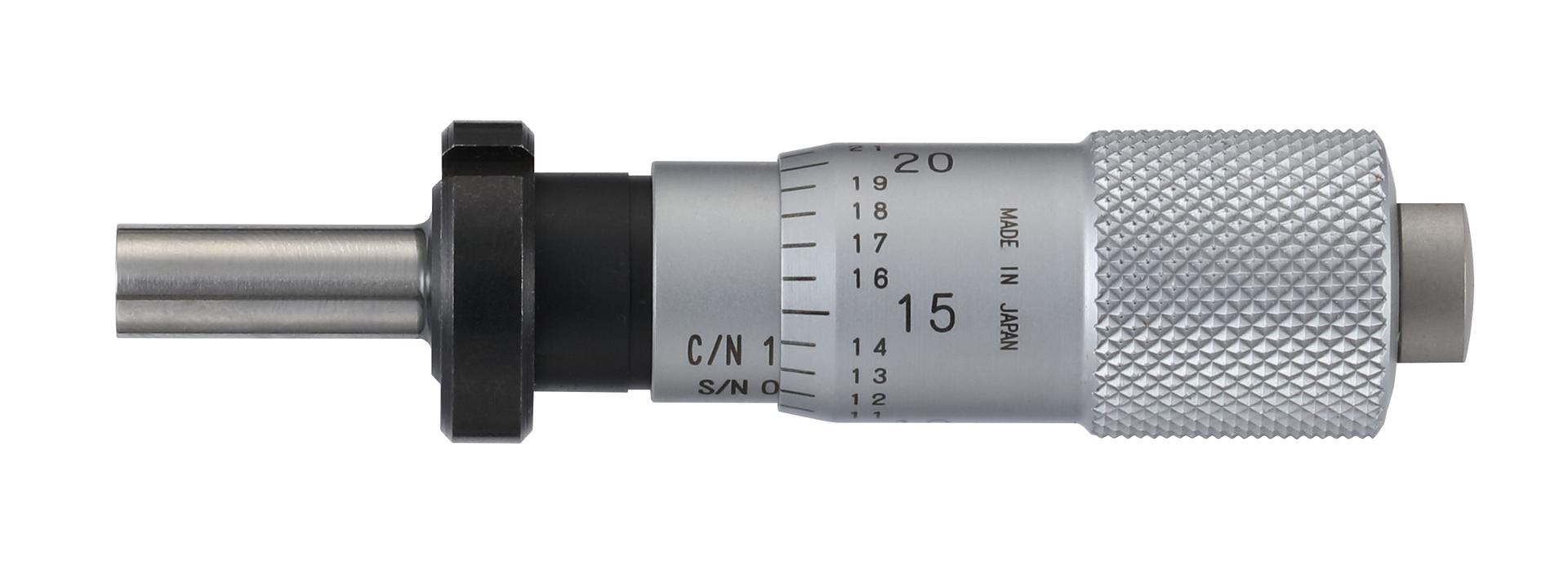 Mitutoyo, 148-111-10, Micrometer Head, common type, small size. 0-.5 inch range, .0001 inch accuracy, .375 inch stem diameter,. With clamp nut stem, flat