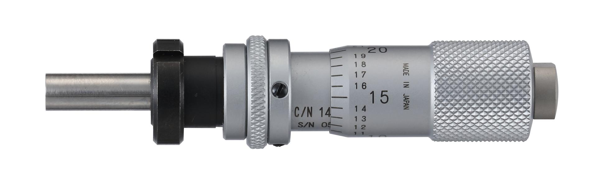 Mitutoyo, 148-122-10, Micrometer Head, common type, small size. 0-.5 inch range, .0001 inch accuracy, .375 inch stem diameter,. With clamp nut stem, flat. With spindle lock