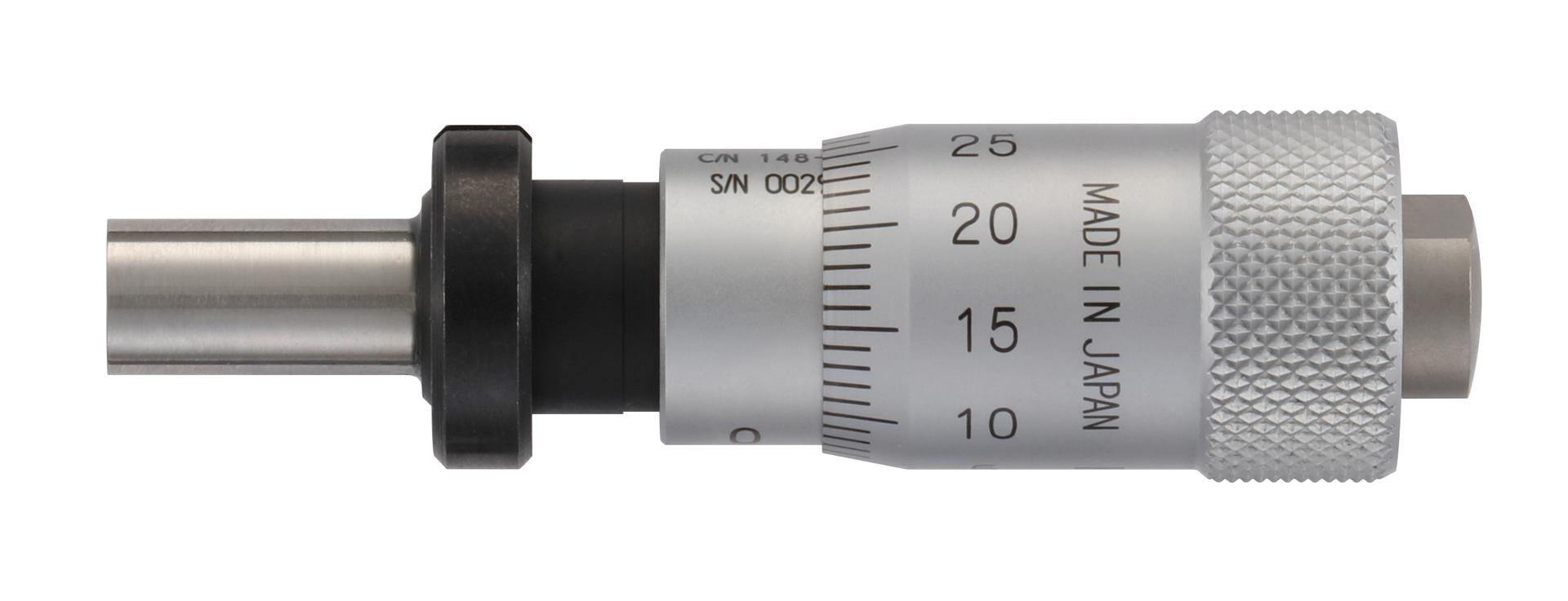 Mitutoyo, 148-308-10, Micrometer head, large thimble diameter for easy reading, 0-13mm range, 2um accuracy, 9.5mm stem diameter, plain stem, flat spindle face, 29mm thimble diameter