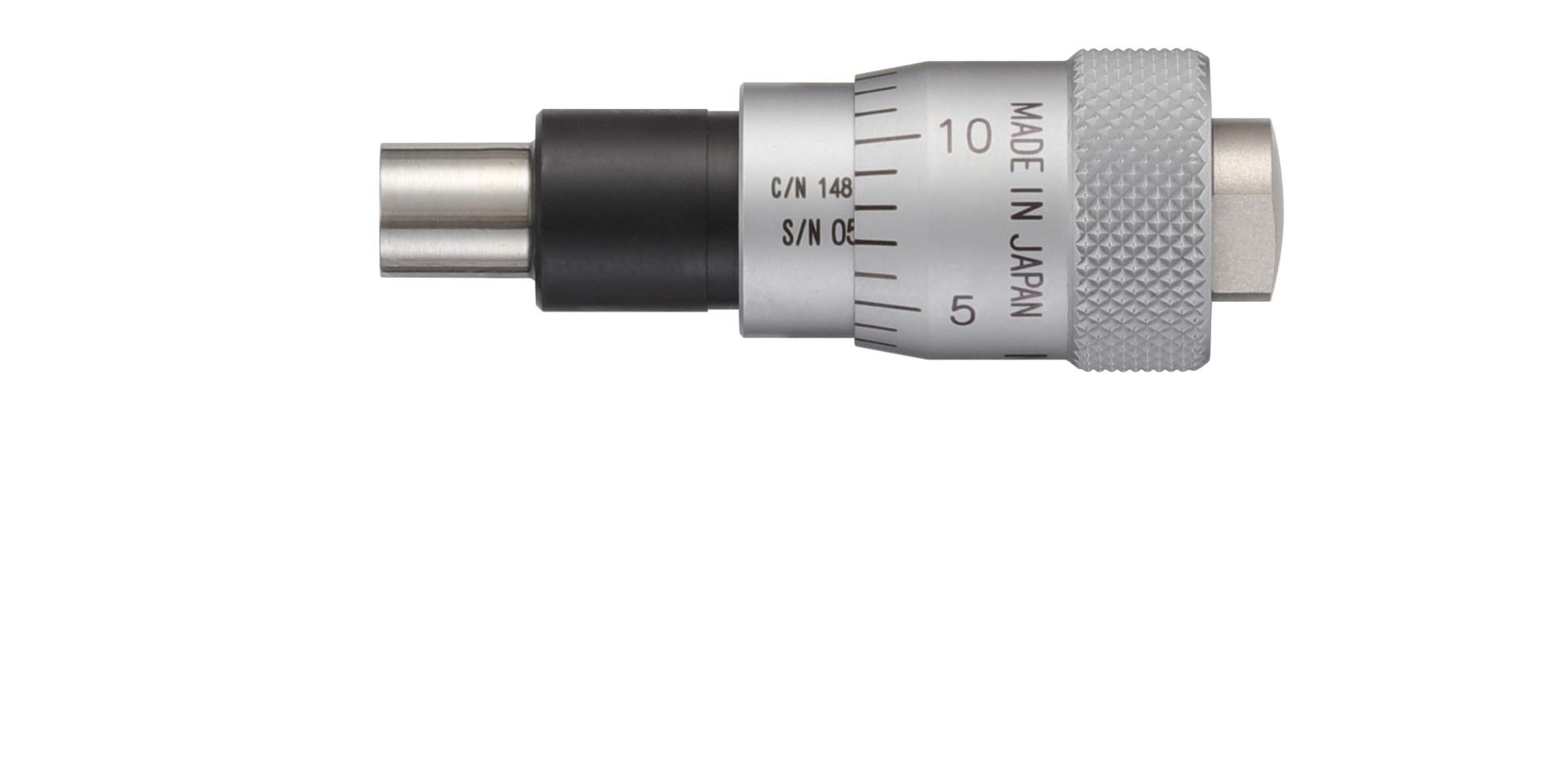 Mitutoyo, 148-351-10, Micrometer Head, large thimble diameter for easy reading, 0-.25 inch range, .0001 inch accuracy, .375 inch stem diameter, clamp nut stem, flat spindle face, .59 inch thimble diameter
