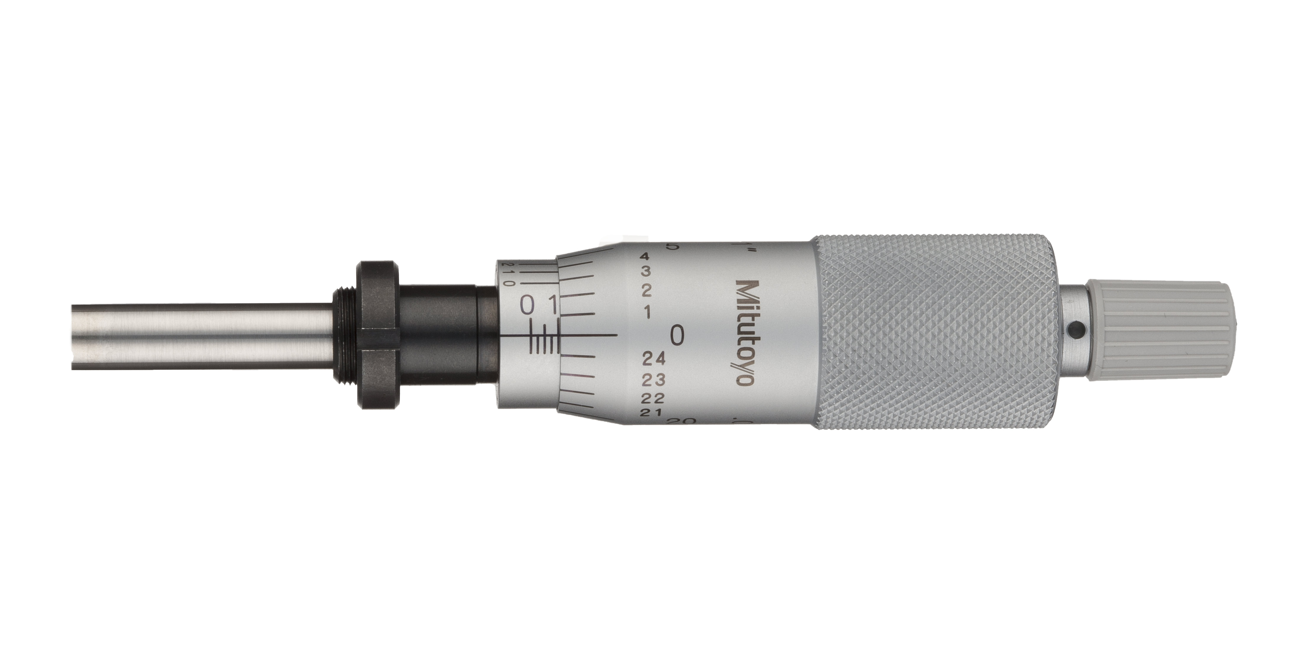 Mitutoyo, 150-205, Micrometer Head, common type middle size. 0-1 inch range, .0001 inch accuracy, .375 stem diameter, clamp nut stem, flat (carbide tip) spindle face, ratchet stop 