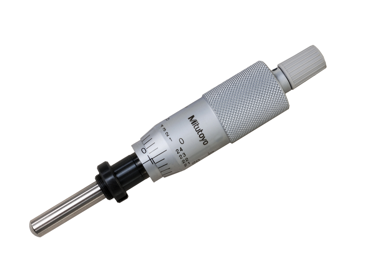 Mitutoyo, 150-812, 0-1 In, .001 In, Mechanical Micrometer Head, .375 In Diameter Spherical (SR4), Flat Spindle Face