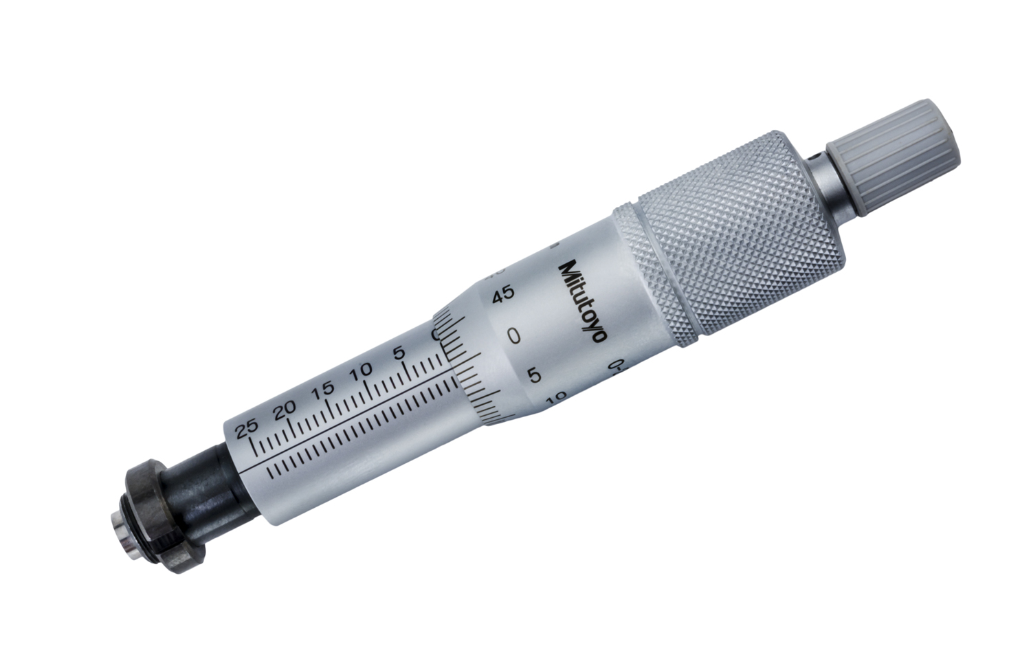 Mitutoyo, 150-822, Micrometer Head, common type in middle size, 0-25mm range, 2um accuracy, 10mm stem diameter, clamp nut stem, flat carbide tip spindle face, reverse reading 