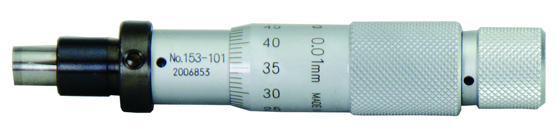Mitutoyo, 153-101, 0-15mm, 0.01mm (0.001mm with Vernier), Mechanical Micrometer Head, 9.5mm Diameter Plain Stem, Flat Carbide Tipped Spindle Face, Non-Rotating Spindle