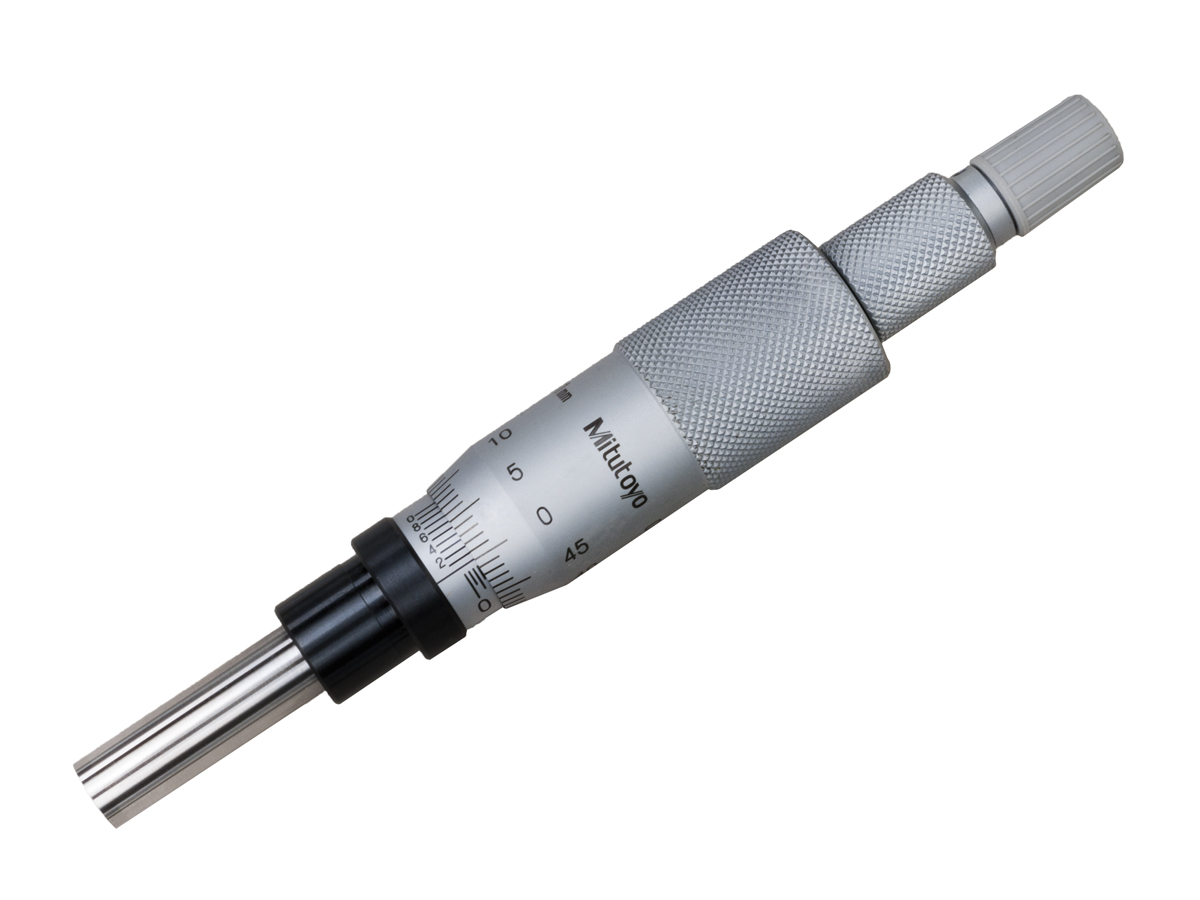Mitutoyo, 153-202, 0-25mm, 0.01mm (0.001mm with Vernier), Mechanical Micrometer Head, 12mm Diameter Plain Stem, Flat Carbide Tipped Spindle Face, Non-Rotating Spindle, Ratchet Stop