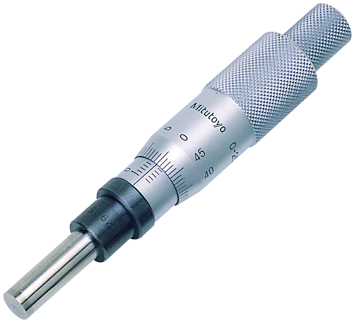Mitutoyo, 153-203, 0-25mm, 0.01mm, Mechanical Micrometer Head, 12mm Diameter Plain Stem, Flat Carbide Tipped Spindle Face, Non-Rotating Spindle