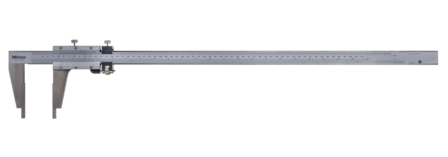 Mitutoyo, 160-103, Vernier Caliper with Nib style jaws and fine adjustment, 0 (.5in) - 24 in / 0(20) - 600mm Range, +/- .002 accuracy, .001 inch lower scale graduation, .02mm upper scale graduation, 1,400 grams