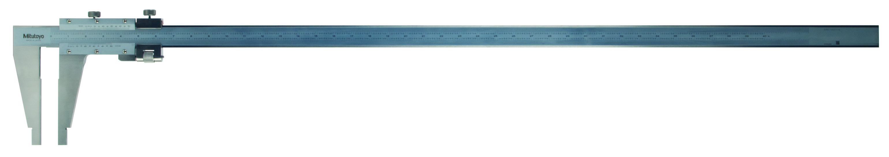 Mitutoyo, 160-105, Vernier Caliper with Nib style jaws and fine adjustment, 0(1) - 40 inch Range, +/- .003 accuracy, .001 inch lower scale graduation, .001 inch upper scale graduation, 3500 grams