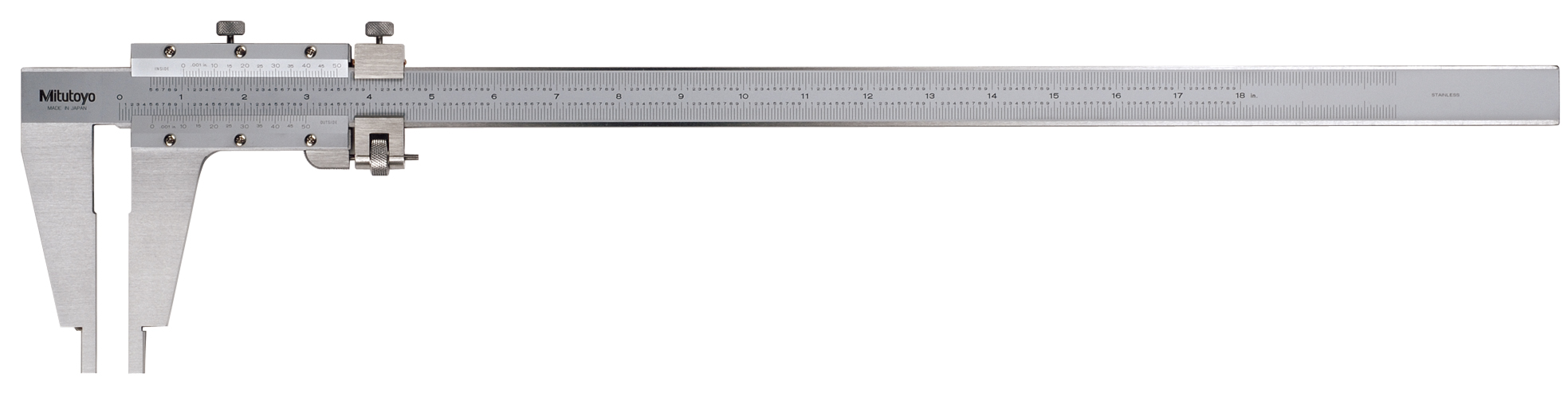 Mitutoyo, 160-116, Vernier Caliper, with Nib style jaws and fine adjustment, .5-18 inches, +/-.0015 accuracy, .001 inch lower scale and upper scale graduations, 1200 grams mass