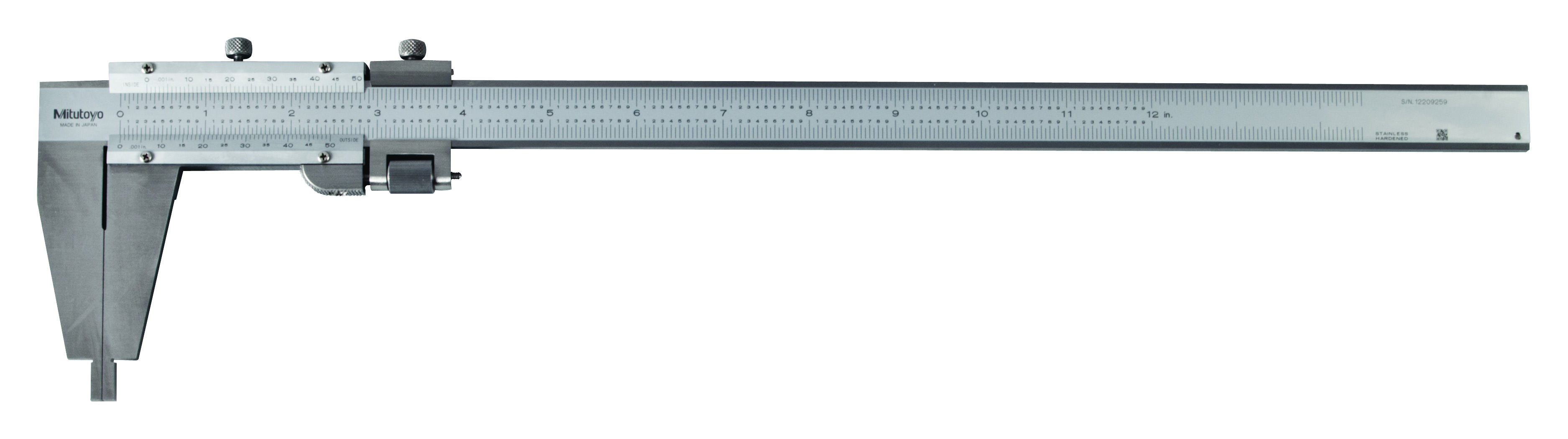 Mitutoyo, 160-124, Vernier Caliper, with Nib style jaws and fine adjustment, .3-12 inches, +/-.0015 accuracy, .001 inch lower scale and upper scale graduations, 450 grams mass