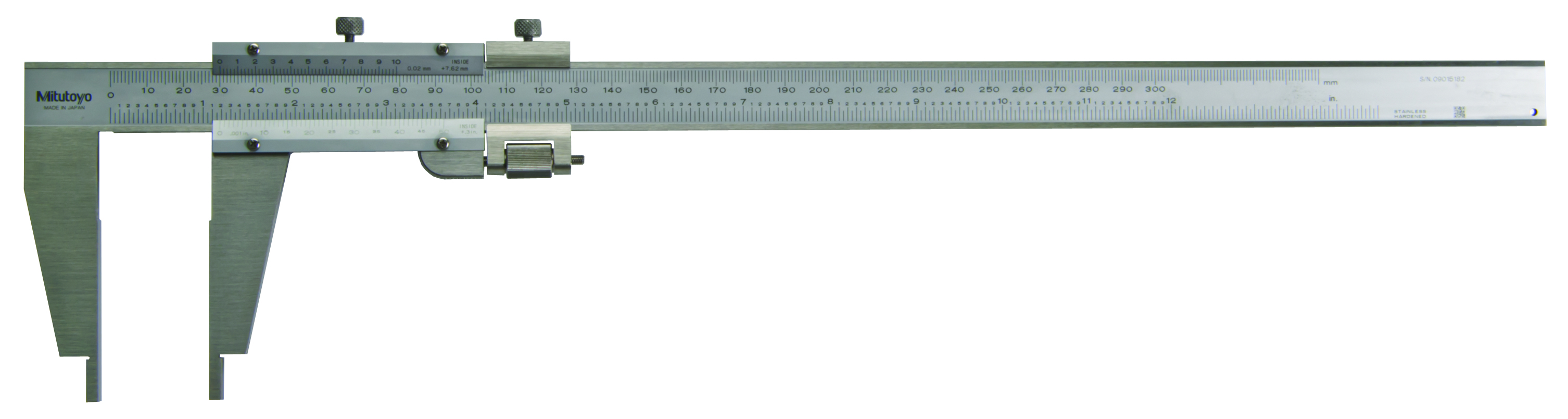 Mitutoyo, 160-125, Vernier Caliper, with Nib style jaws and fine adjustment, .3-12 inches/10-300mm, +/-.0015 accuracy, .001 inch lower scale and .02mm upper scale graduation, 450 grams mass