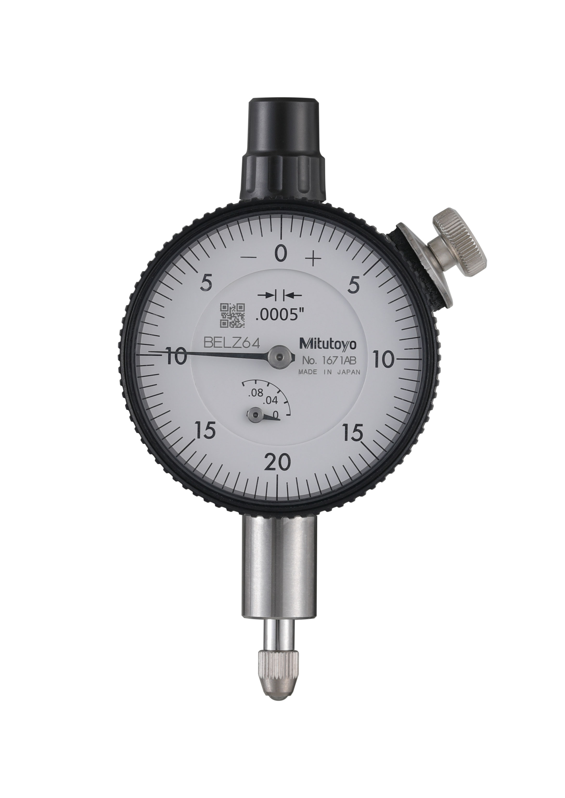 Mitutoyo, 1671AB, .0005 In, .1 In/(.04 In per rev) Dial Indicator, 0-20-0, Flat Back, 3/8 In stem, Series 1
