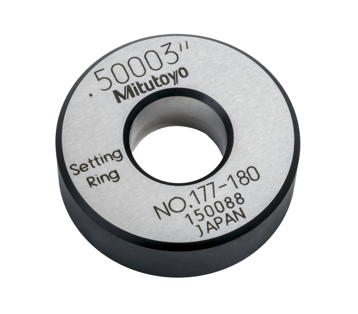 Mitutoyo, 177-180, Setting ring, for inside micrometers, holtest/dial bore gages, .5in nominal diameter, 32mm diameter, 10mm T, Type A, 1.8mm distance from side face H, 6.4mm size of warranted cal surface K