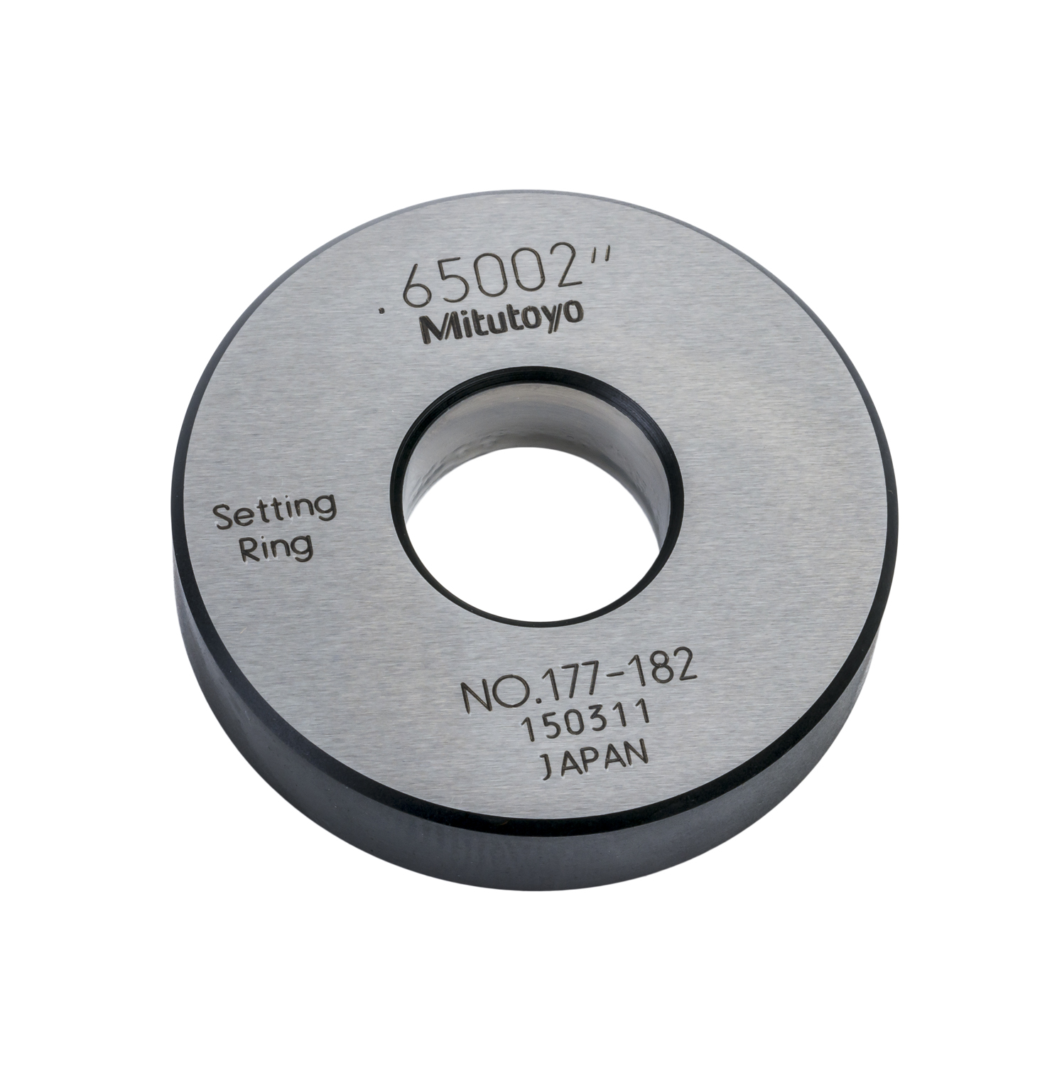 Mitutoyo, 177-182, Setting ring, for inside micrometers, holtest/dial bore gages, .65in nominal diameter, 45mm diameter, 10mm T, Type A, 1.8mm distance from side face H, 6.4mm size of warranted cal surface K