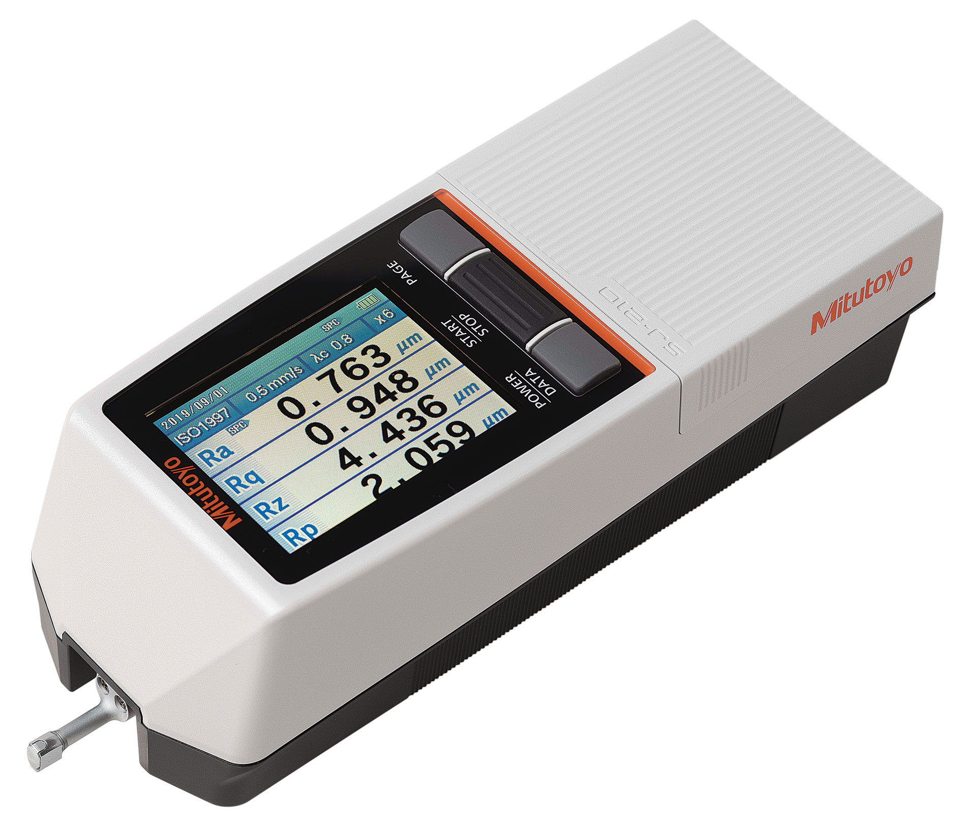 Mitutoyo, 178-565-12A, Surftest SJ-210 Inch/mm, portable surface roughness tester, transverse tracing type (178-233-2) drive unit, 4mN type detector,  compact type (178-253A), 90 detector tip, 5um stylus tip, 4mN detector measuring force