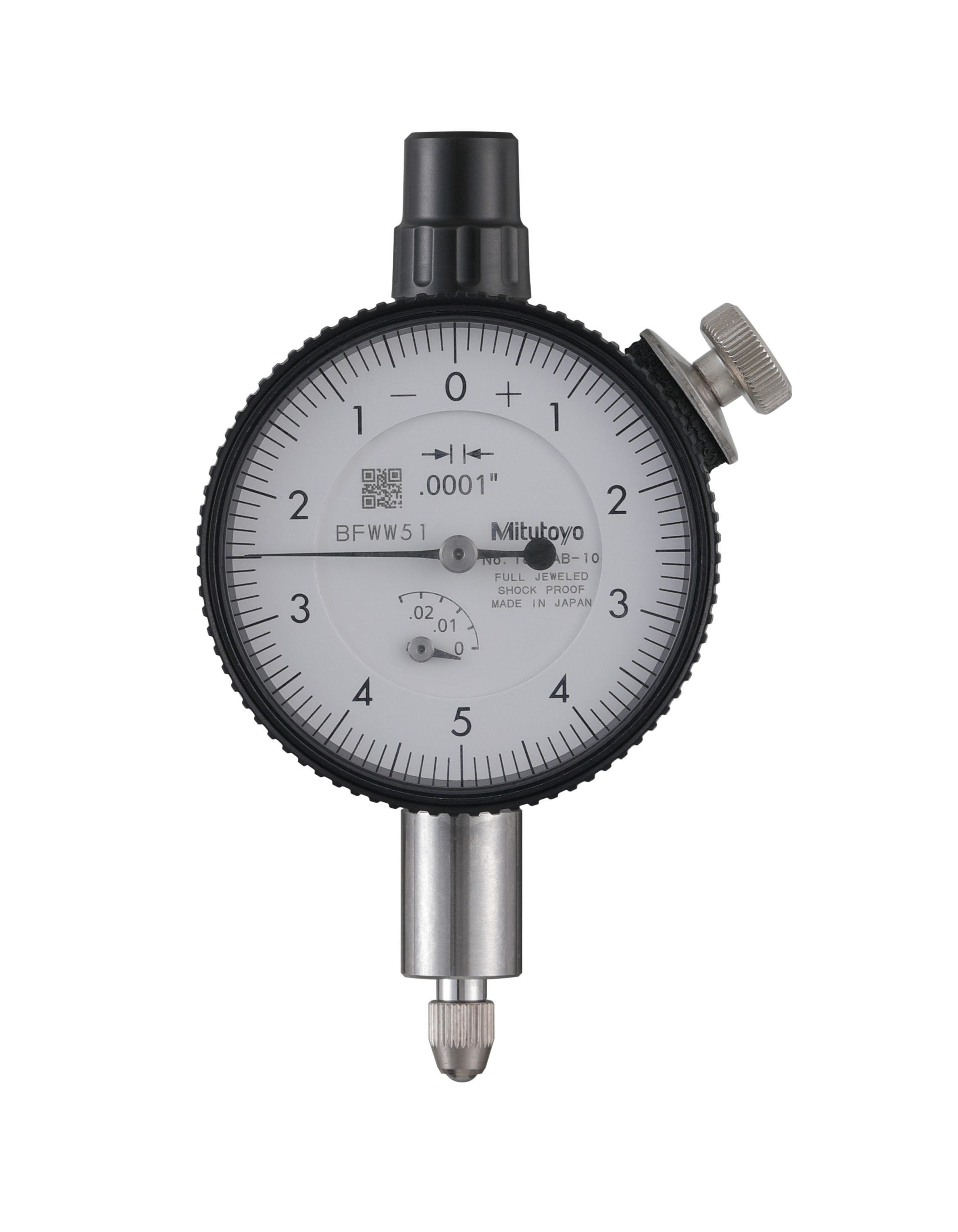 Mitutoyo, 1803AB-10, .0001 In, .025 In/(.01 In per rev) Dial Indicator, 0-5-0, Flat Back, Series 1, Shockproof, Jeweled