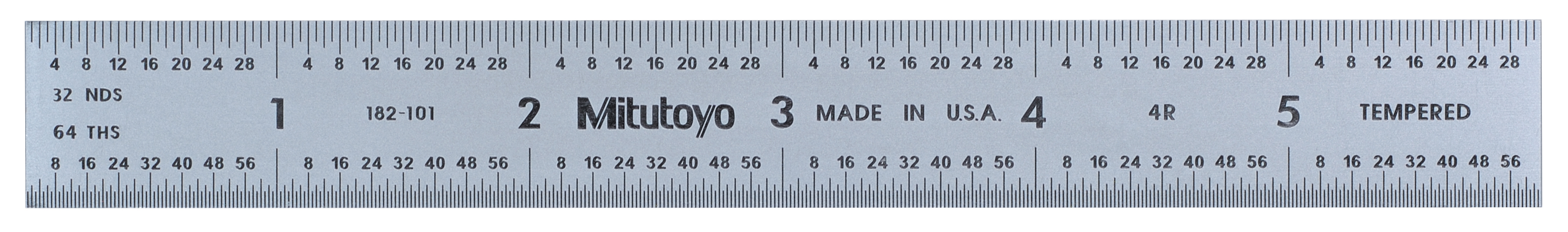 Mitutoyo, 182-101, 6 In, 4R Steel Rule, 3/4 In  Wide, Rigid, Satin Chrome Finish Tempered Stainless Steel, (1/8, 1/16, 1/32, 1/64)