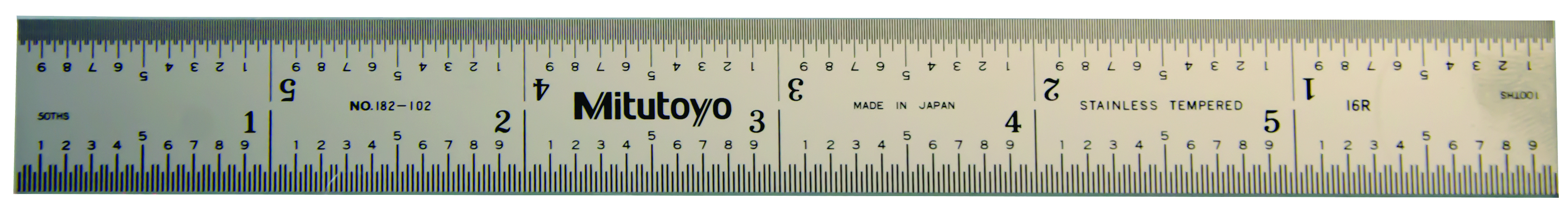 Mitutoyo, 182-102, 6 In, 16R Steel Rule, 3/4 In  Wide, Rigid, Satin Chrome Finish Tempered Stainless Steel, (1/32, 1/64, 1/50, 1/100)
