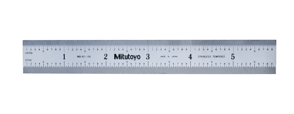 Mitutoyo, 182-106, 6 In, 150mm Steel Rule, 3/4 In  Wide, Rigid, Satin Chrome Finish Tempered Stainless Steel, (1/50, 1/100, 1mm, 0.5mm)