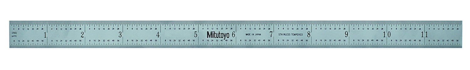 Mitutoyo, 182-121, 12 In, 4R Steel Rule, 1 In  Wide, Rigid, Satin Chrome Finish Tempered Stainless Steel, (1/8, 1/16, 1/32, 1/64)