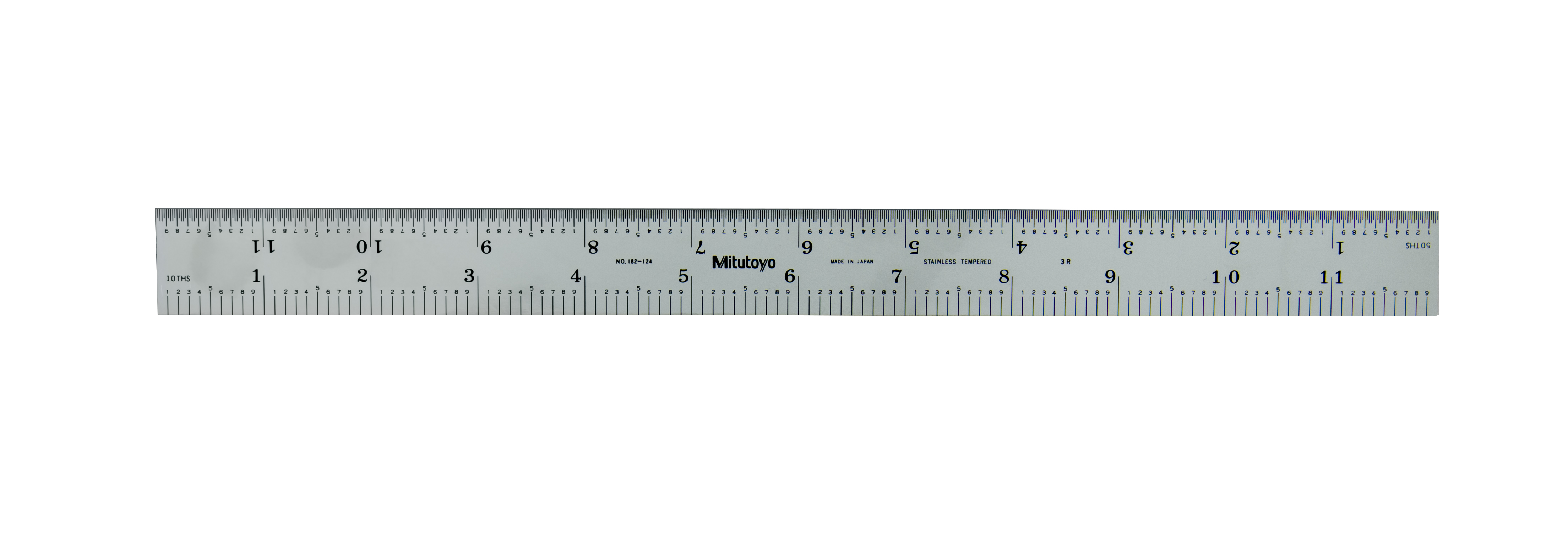 Mitutoyo, 182-124, 12 In, 3R Steel Rule, 1 In  Wide, Rigid, Satin Chrome Finish Tempered Stainless Steel, (1/32, 1/64, 1/10, 1/50)