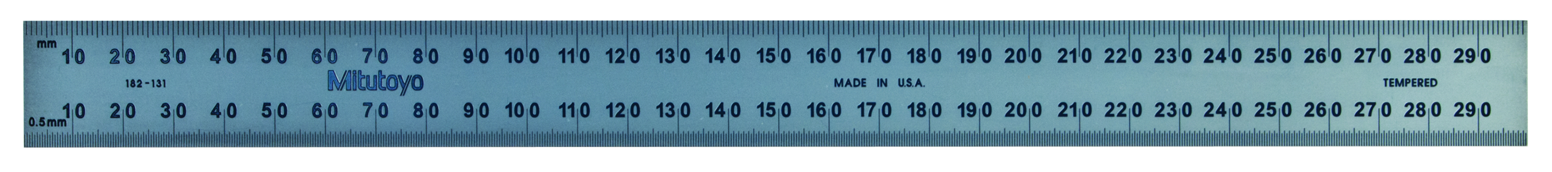 Mitutoyo, 182-131, 300mm Steel Rule, 25mm  Wide, Rigid, Satin Chrome Finish Tempered Stainless Steel, (1mm, 0.5mm, 1mm, 0.5mm)