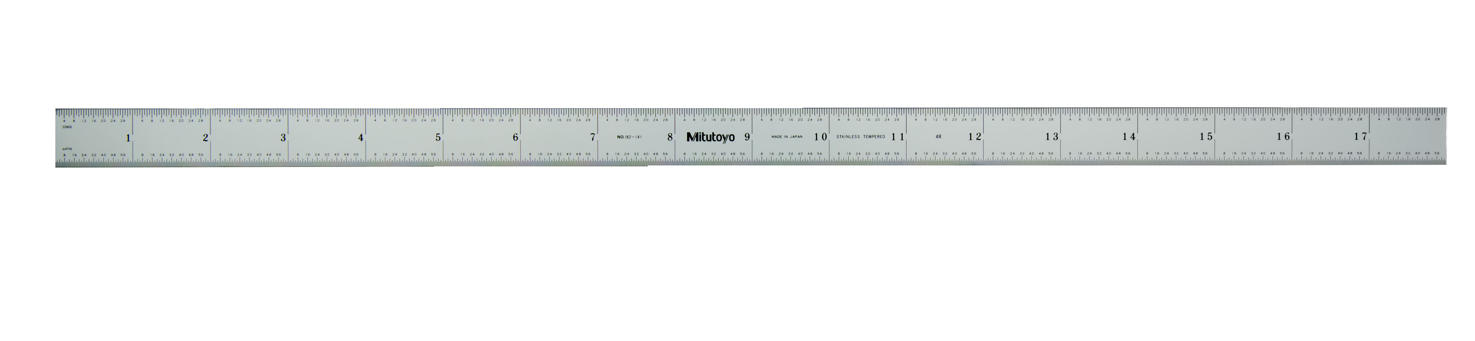 Mitutoyo, 182-141, 18 In, 4R Steel Rule, 1  3/16 In  Wide, Rigid, Satin Chrome Finish Tempered Stainless Steel, (1/8, 1/16, 1/32, 1/64)