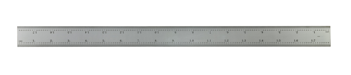 Mitutoyo, 182-143, 18 In, 5R Steel Rule, 1  3/16 In  Wide, Rigid, Satin Chrome Finish Tempered Stainless Steel, (1/32, 1/64, 1/10, 1/100)