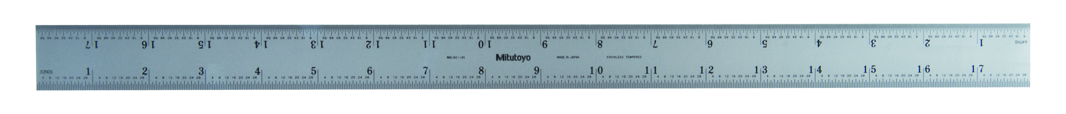 Mitutoyo, 182-145, 18 In, 450mm Steel Rule, 1  3/16 In  Wide, Rigid, Satin Chrome Finish Tempered Stainless Steel, (1/32, 1/64, 1mm, 0.5mm)