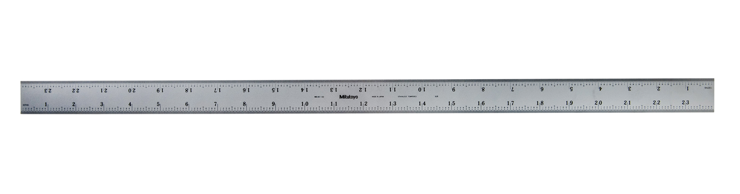Mitutoyo, 182-162, 24 In, 16R Steel Rule, 1  3/16 In  Wide, Rigid, Satin Chrome Finish Tempered Stainless Steel, (1/32, 1/64, 1/50, 1/100)