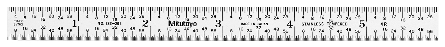 Mitutoyo, 182-201, 6 In, 4R Steel Rule, 1/2 In  Wide, Flexible, Satin Chrome Finish Tempered Stainless Steel, (1/8, 1/16, 1/32, 1/64)