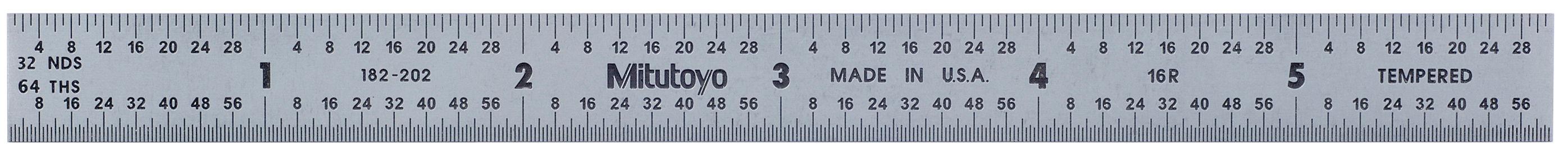 Mitutoyo, 182-202, 6 In, 16R Steel Rule, 1/2 In  Wide, Flexible, Satin Chrome Finish Tempered Stainless Steel, (1/32, 1/64, 1/50, 1/100)