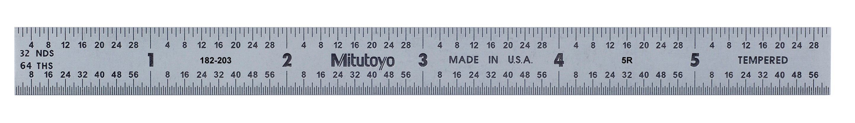 Mitutoyo, 182-203, 6 In, 5R Steel Rule, 1/2 In  Wide, Flexible, Satin Chrome Finish Tempered Stainless Steel, (1/32, 1/64, 1/10, 1/100)