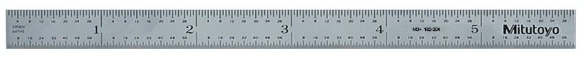 Mitutoyo, 182-204, 6 In, 3R Steel Rule, 1/2 In  Wide, Flexible, Satin Chrome Finish Tempered Stainless Steel, (1/32, 1/64, 1/10, 1/50)
