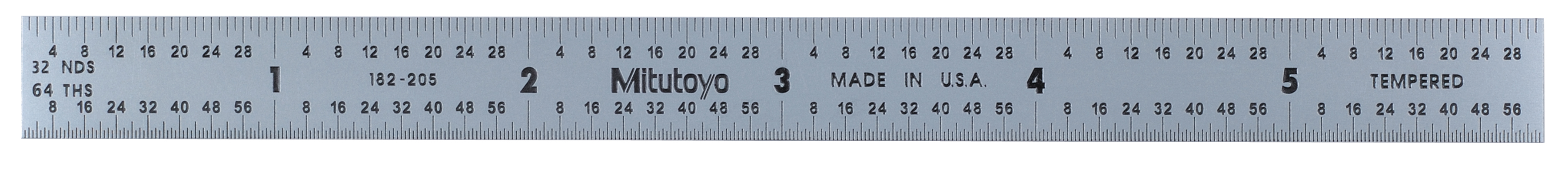 Mitutoyo, 182-205, 6 In, 150mm Steel Rule, 1/2 In  Wide, Flexible, Satin Chrome Finish Tempered Stainless Steel, (1/32, 1/64, 1mm, 0.5mm)