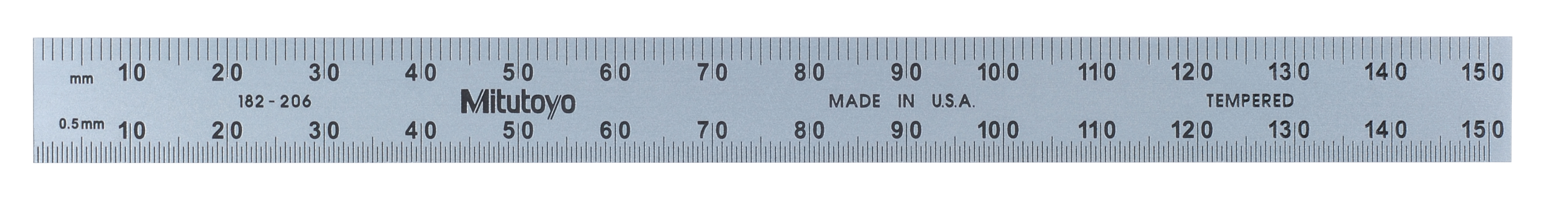 Mitutoyo, 182-206, 6 In, 150mm Steel Rule, 1/2 In  Wide, Flexible, Satin Chrome Finish Tempered Stainless Steel, (1/50, 1/100, 1mm, 0.5mm)