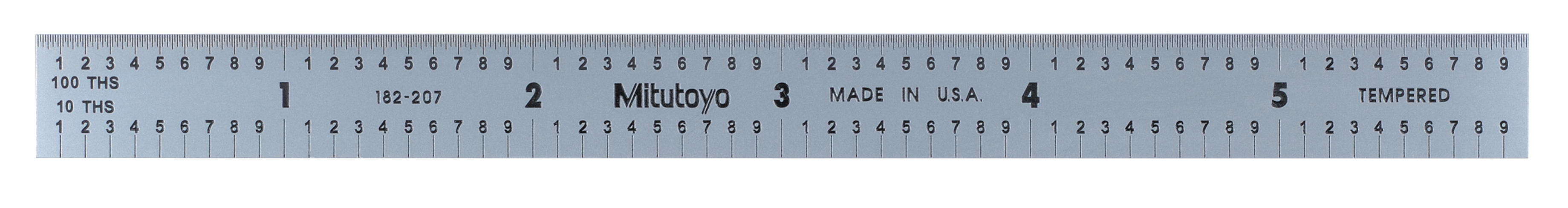 Mitutoyo, 182-207, 6 In, 150mm Steel Rule, 1/2 In  Wide, Flexible, Satin Chrome Finish Tempered Stainless Steel, (1/10, 1/100, 1mm, 0.5mm)