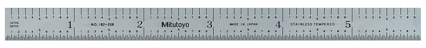 Mitutoyo, 182-208, 6 In, 150mm Steel Rule, 1/2 In  Wide, Flexible, Satin Chrome Finish Tempered Stainless Steel, (1/10, 1/50, 1mm, 0.5mm)
