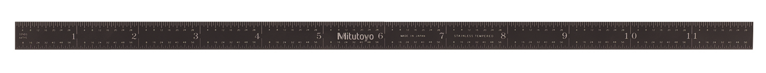 Mitutoyo, 182-218, 12 In, 5R Steel Rule, 1/2 In  Wide, Flexible, Black Chrome Finish tempered Stainless Steel, (1/32, 1/64, 1/10, 1/100)